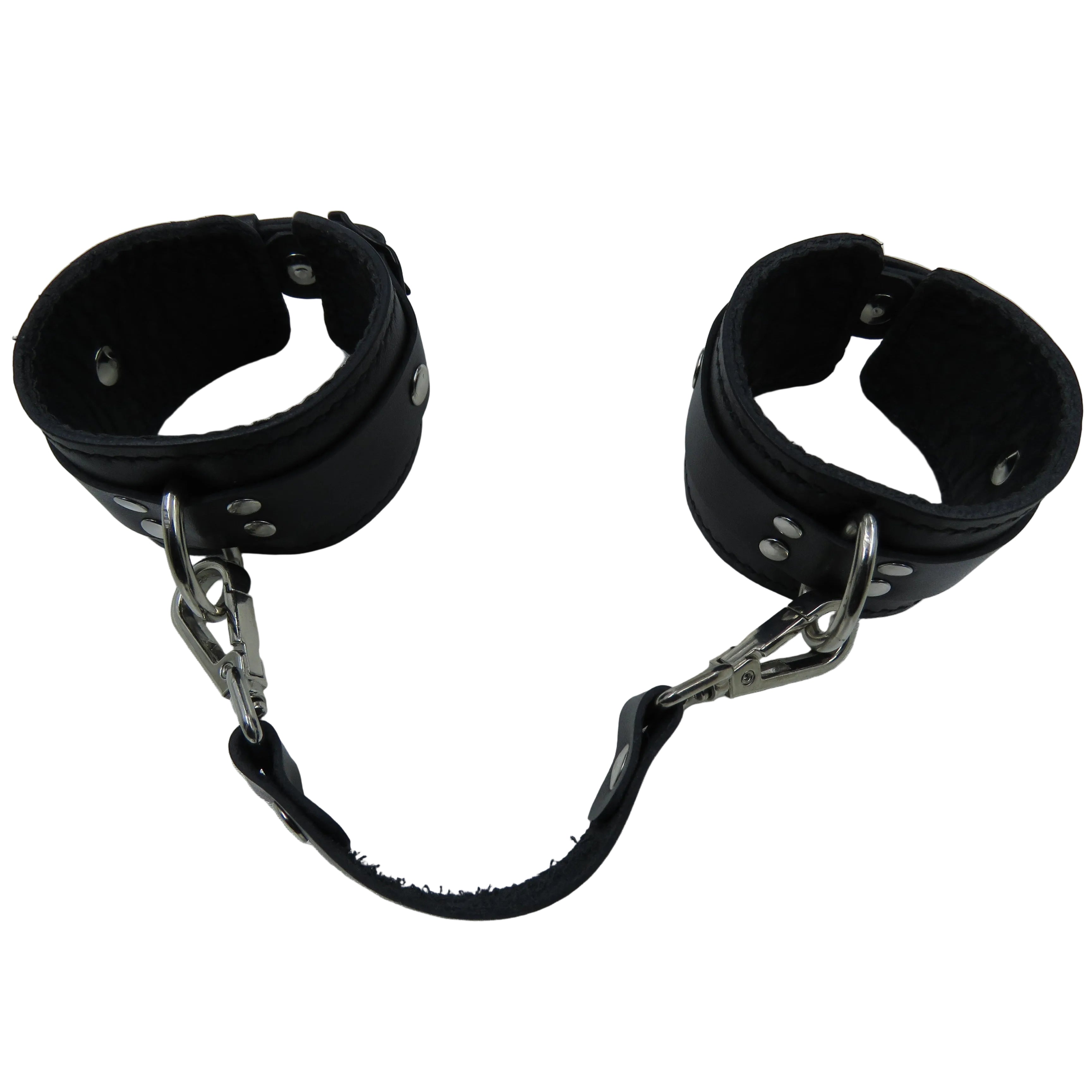 Pair of black leather cuffs with metal hooks on a white background