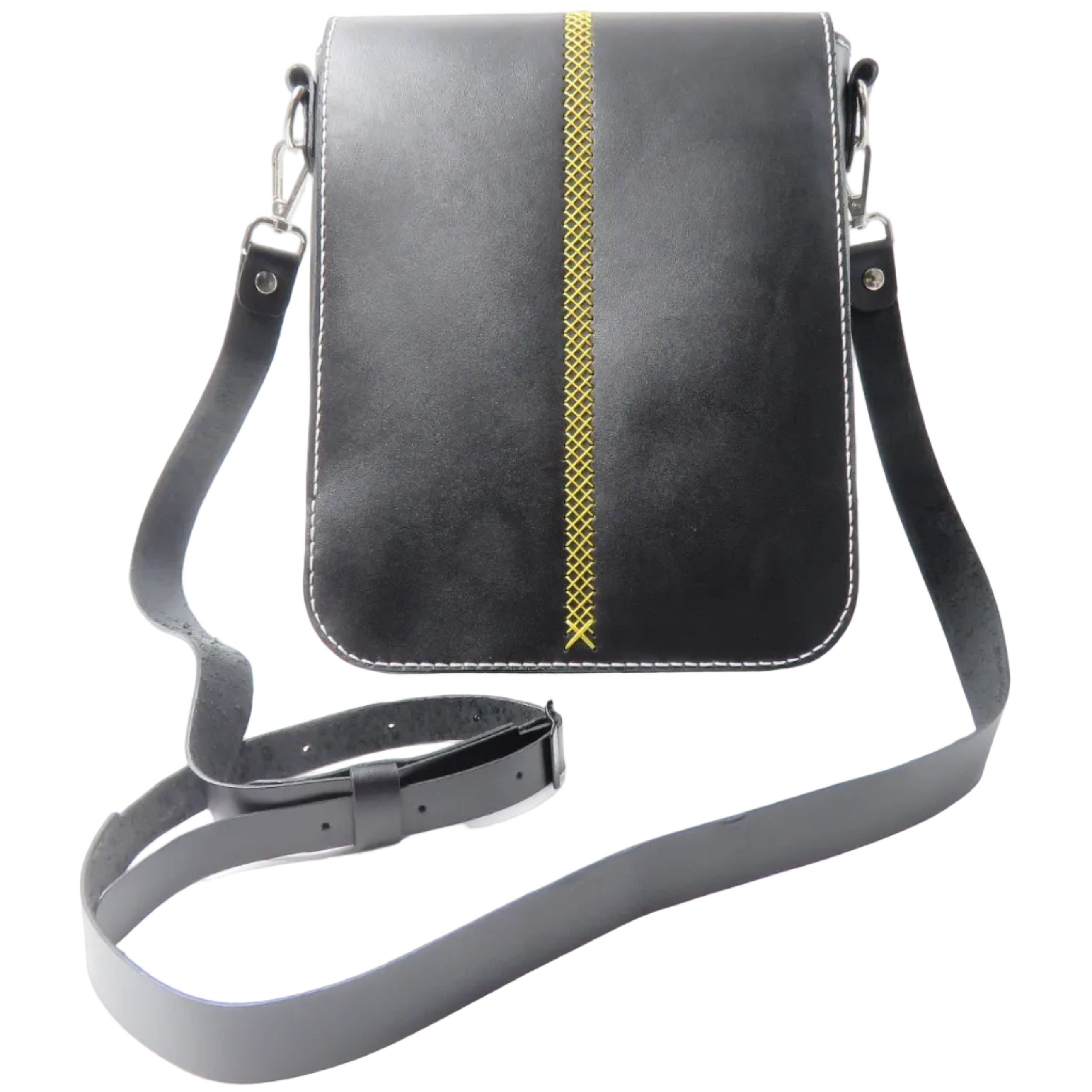 Black crossbody bag with a yellow stripe on a white background