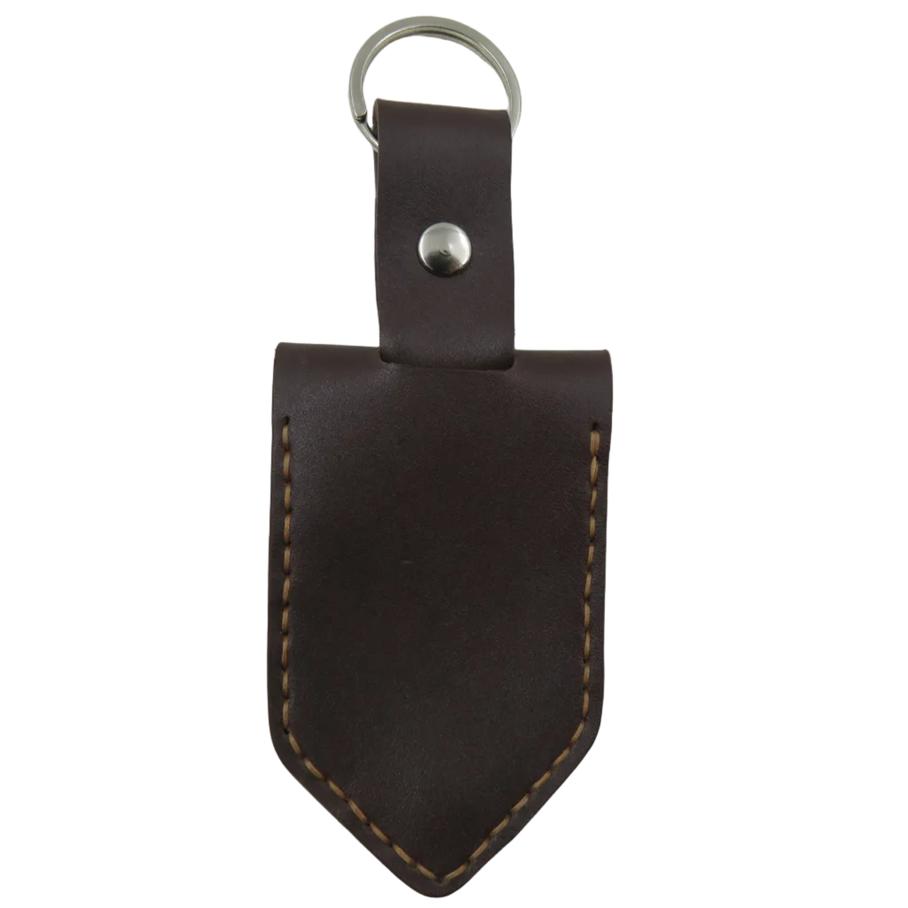 Brown leather keychain with a metal ring on a white background