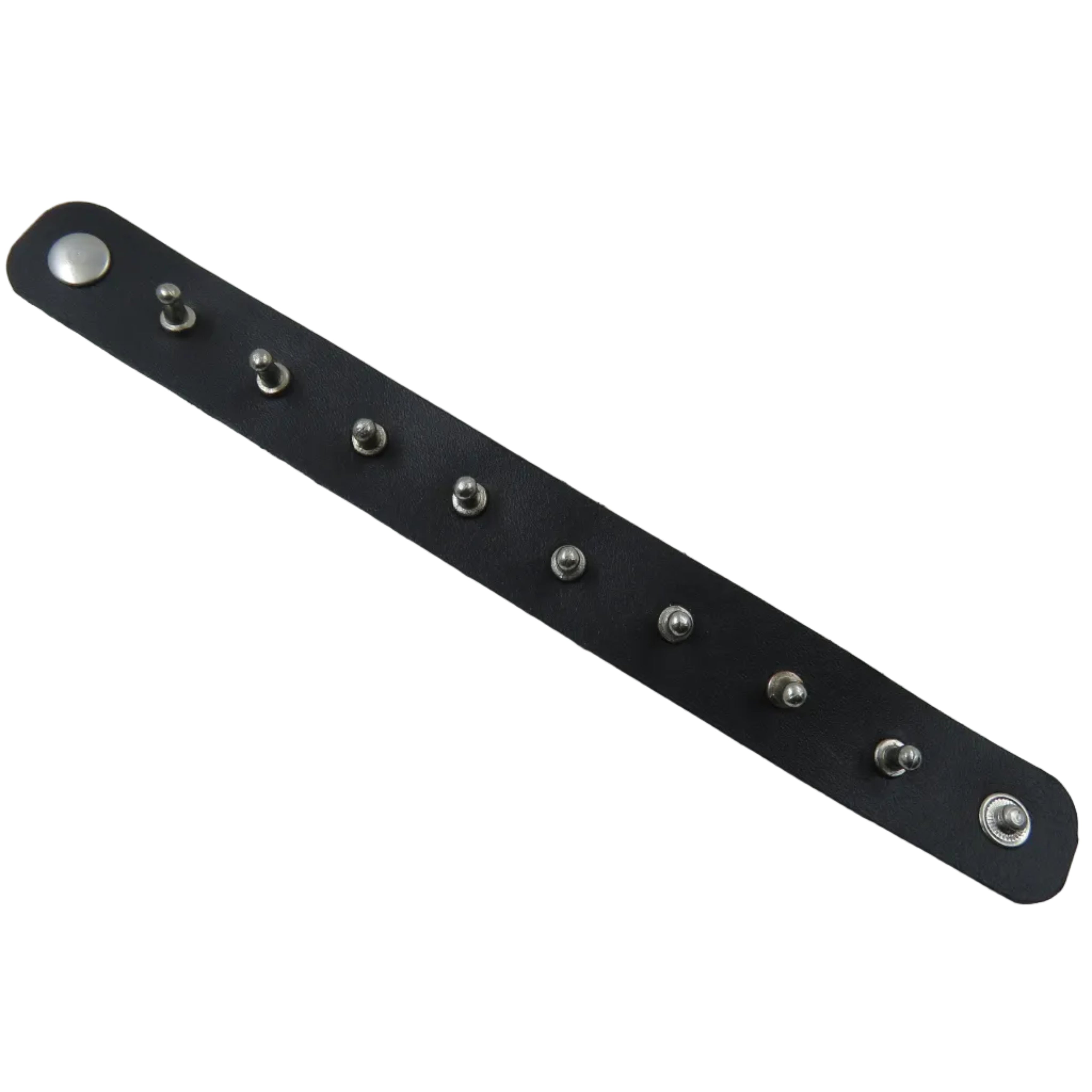 Black leather bracelet with silver studs on a white background