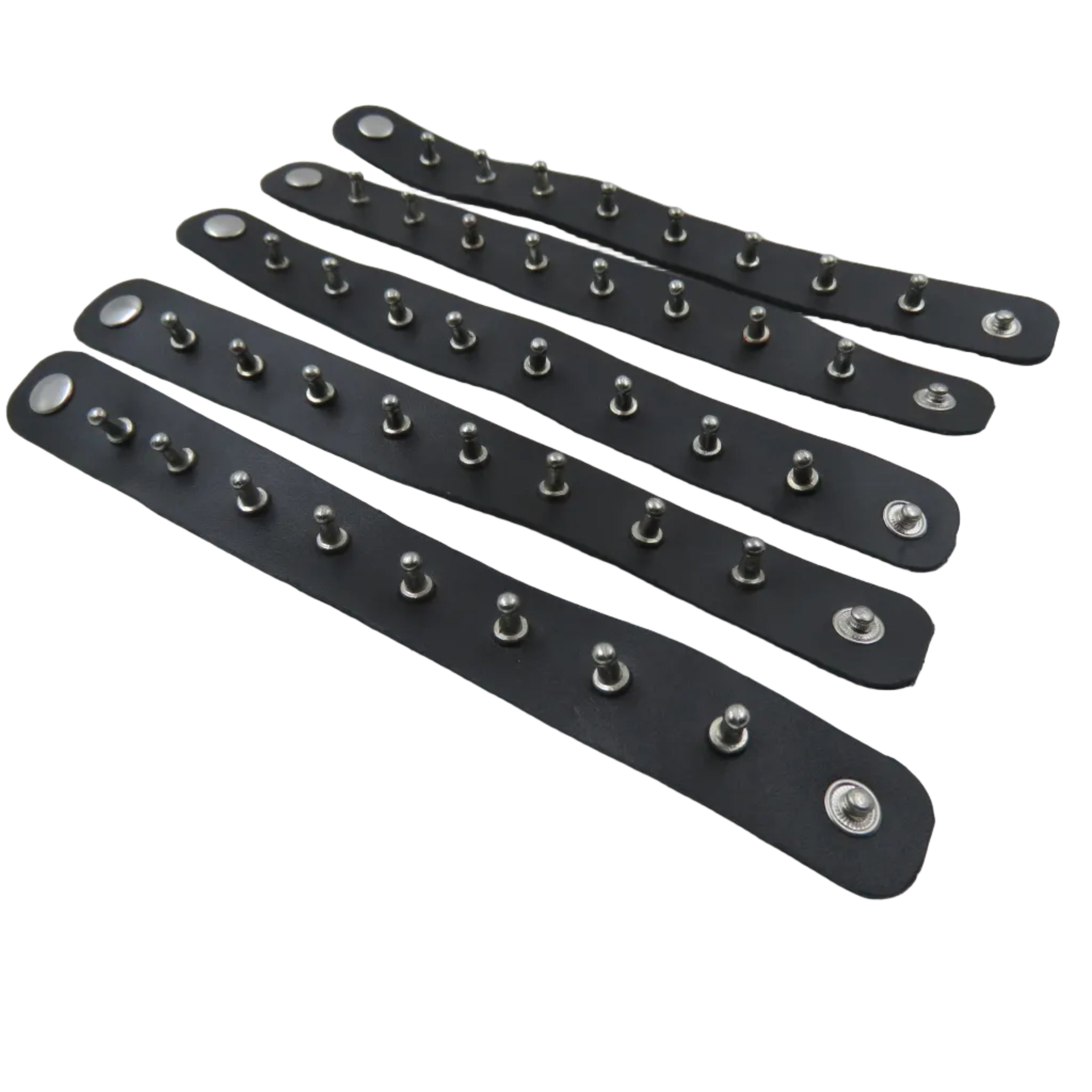 Set of black leather straps with metal eyelets on a white background