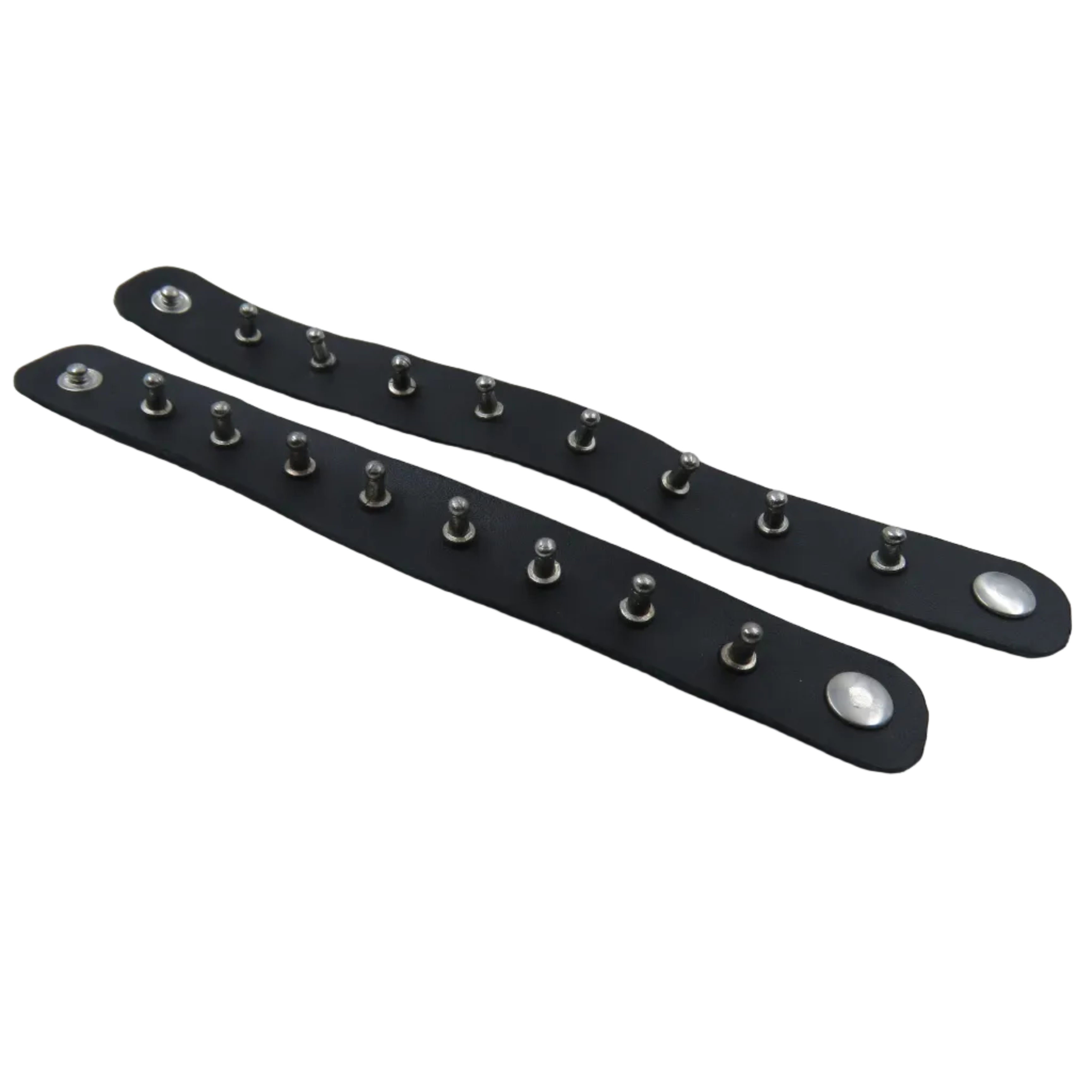 Two black leather straps with silver rivets on a white background