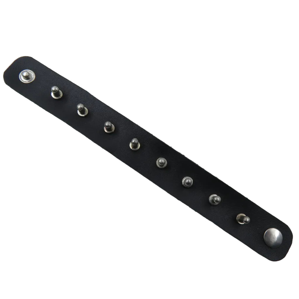 Black leather bracelet with silver studs on a white background