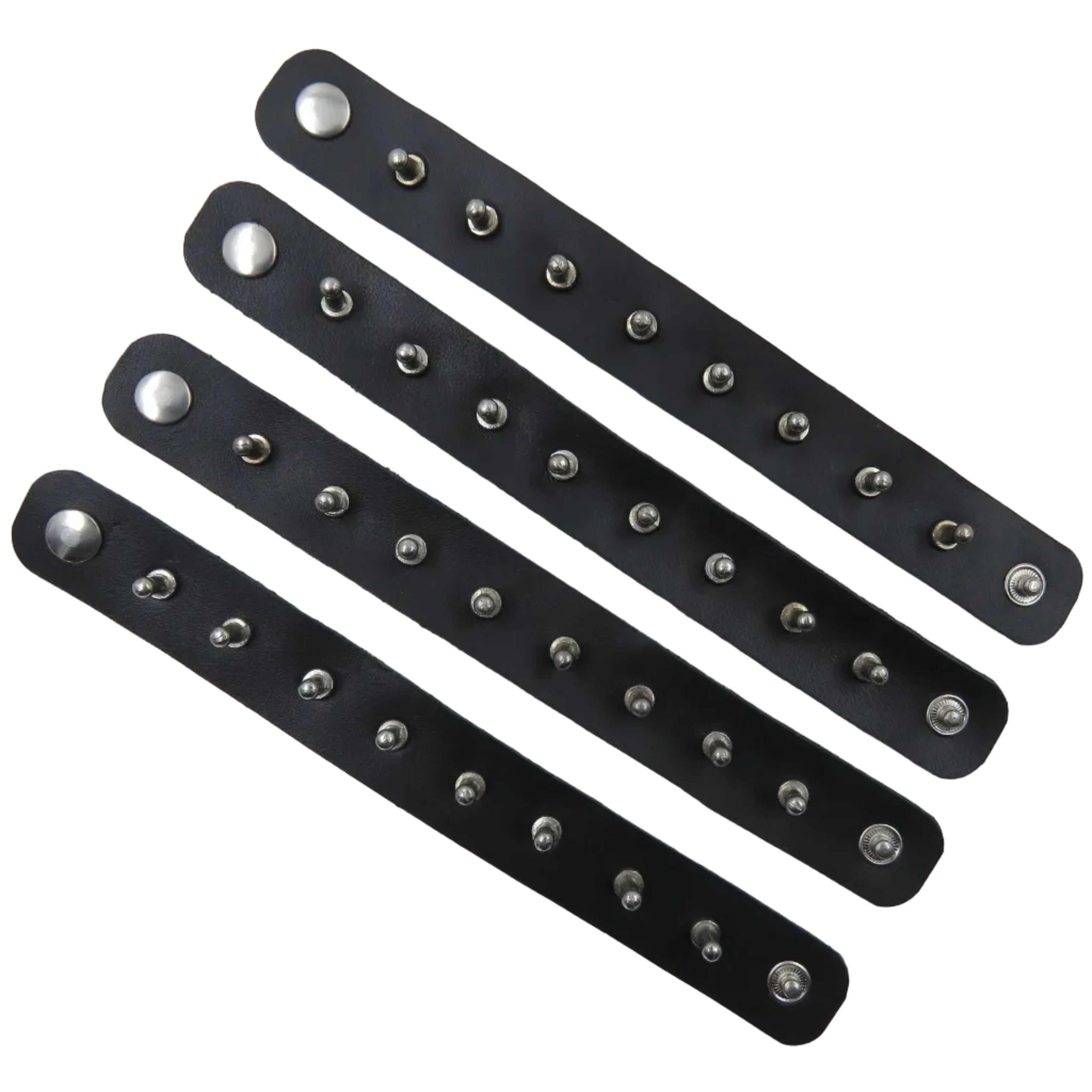Four black leather straps with silver studs on a white background