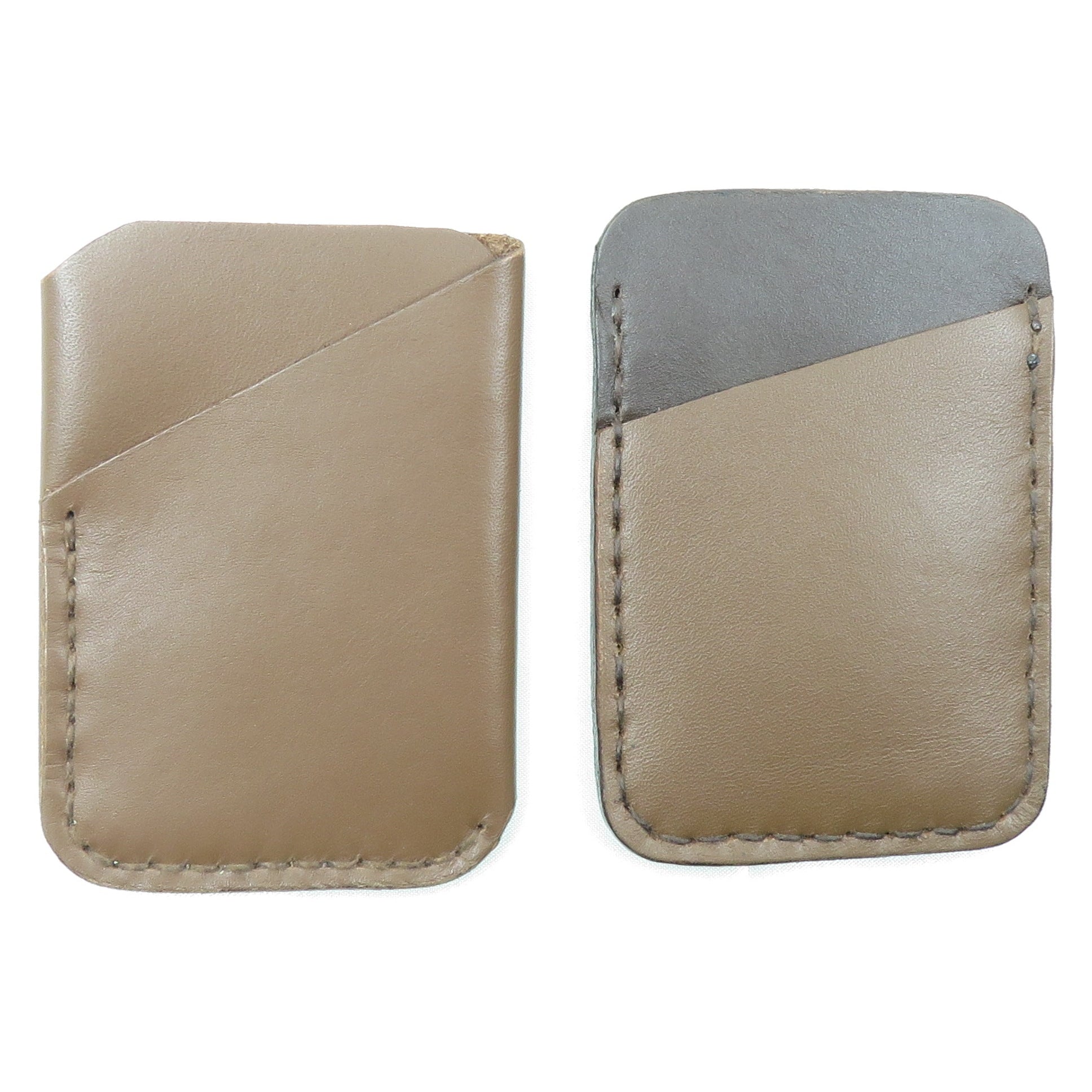 Two beige leather card holders on a white background