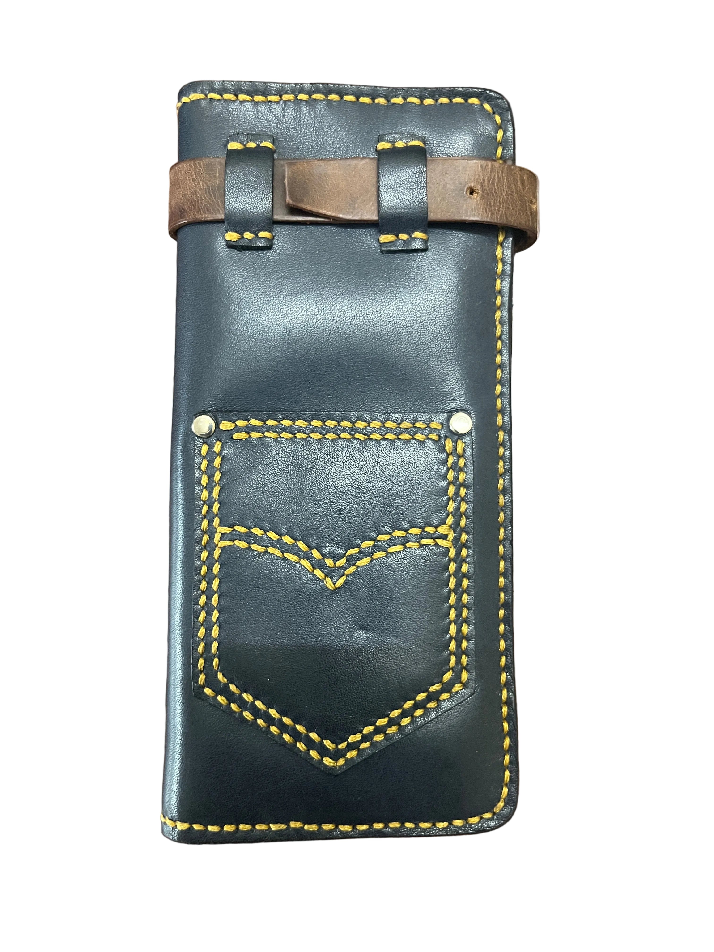 Black leather wallet with yellow stitching on a wooden surface