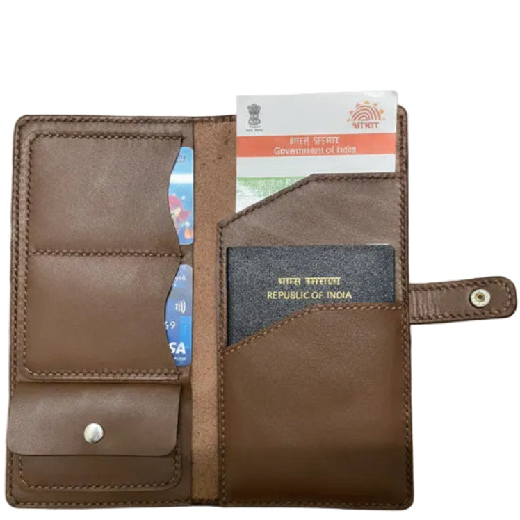 Brown leather wallet with card slots and a passport holder on a green grid background