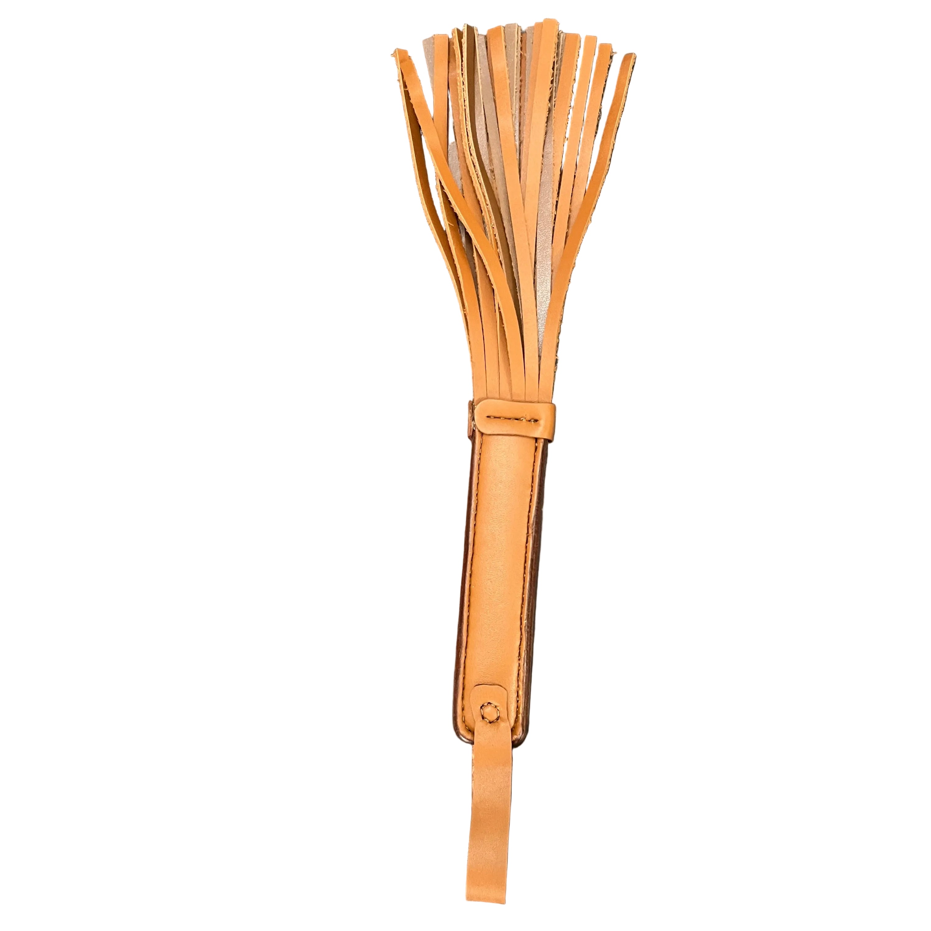 Brown leather strap with fringes on a black leather surface