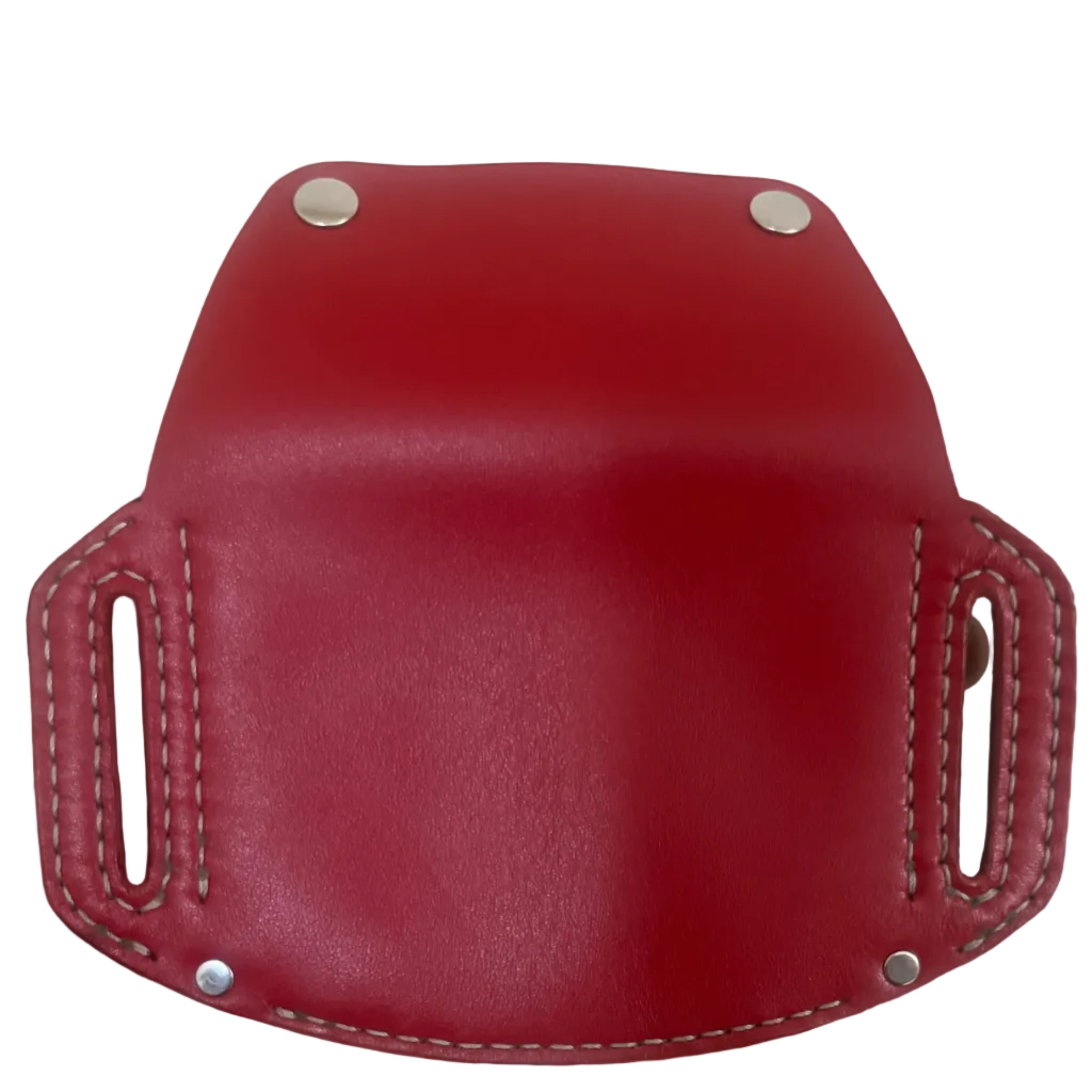 Red leather case held by a hand on a light background