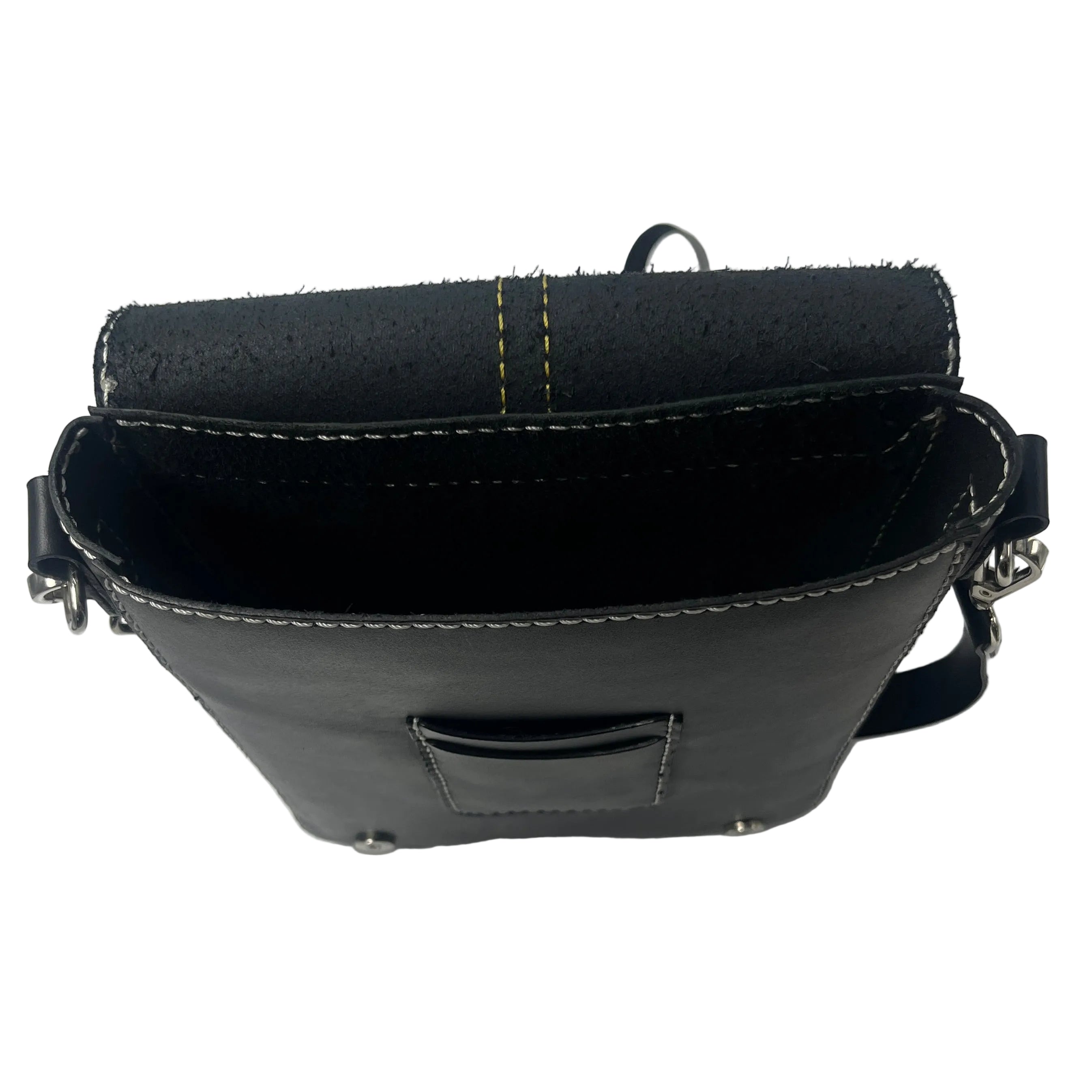Black leather handbag on a light gray background
