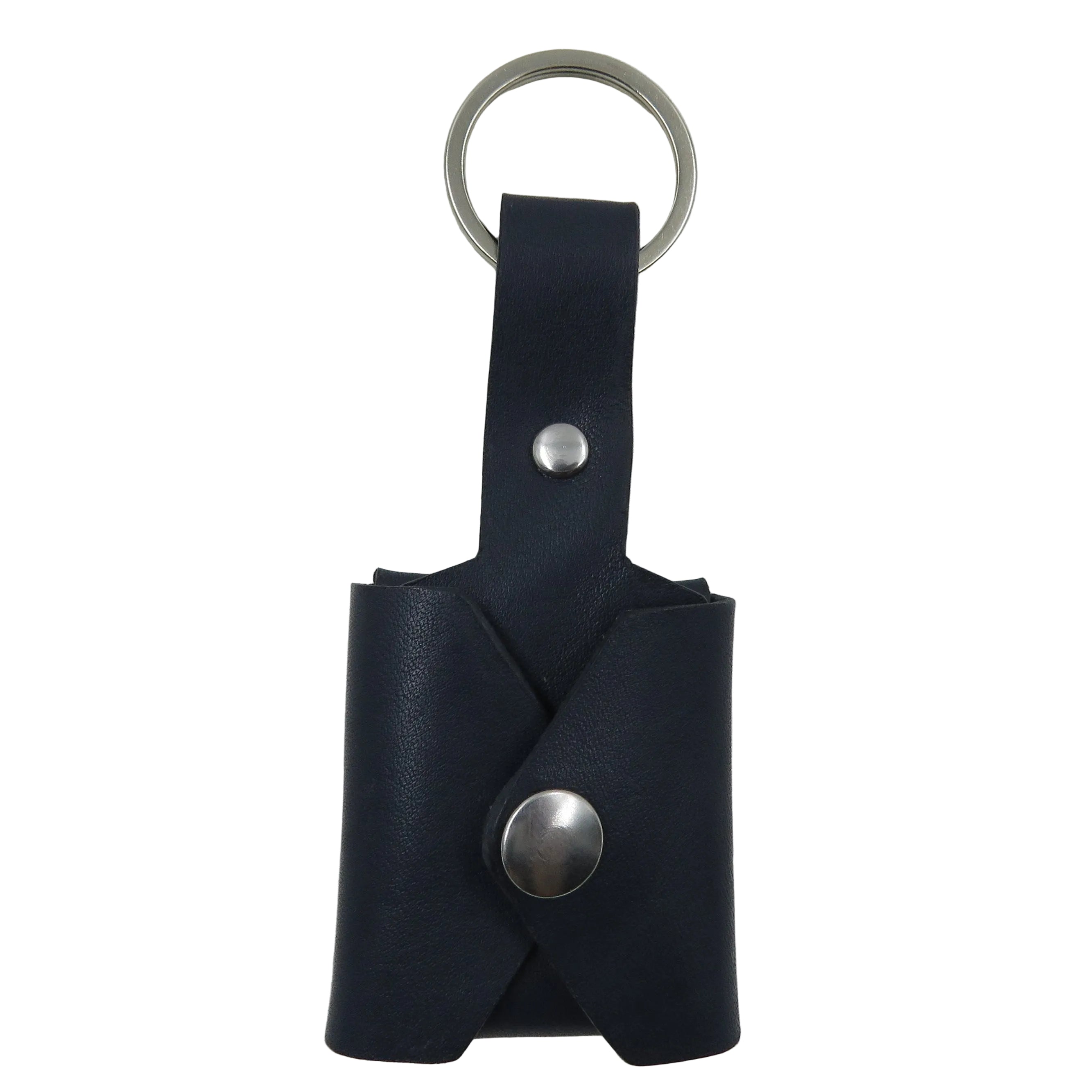Black leather key pouch with a silver button and key ring on a white background
