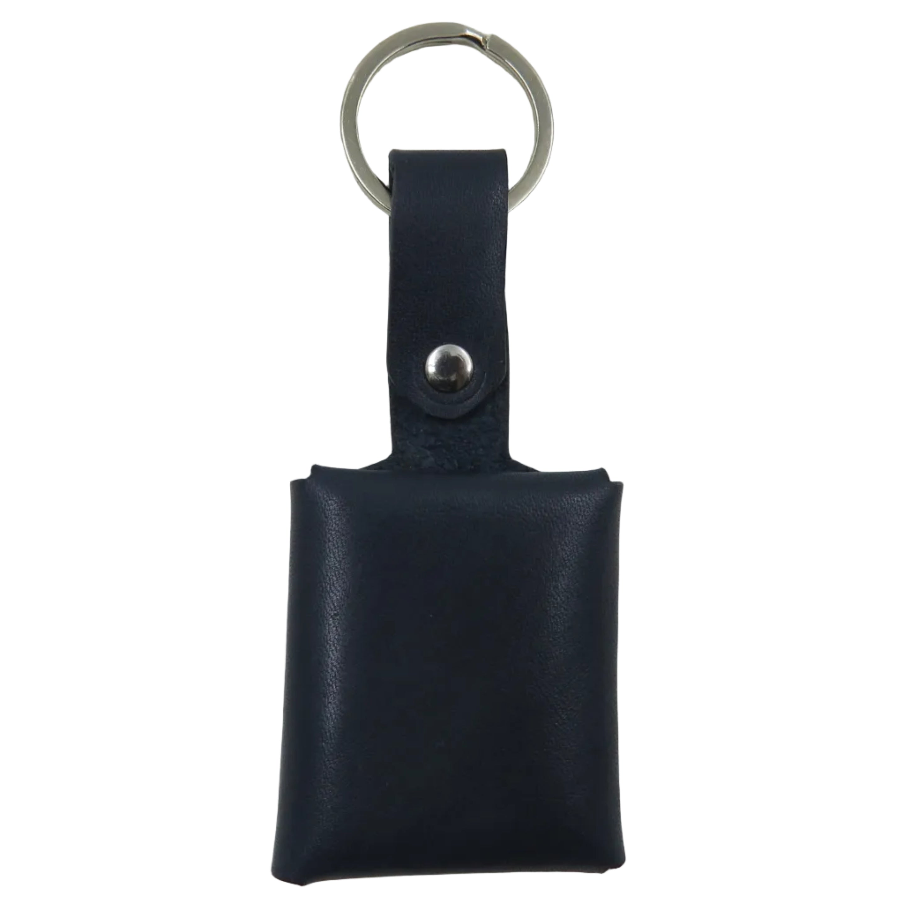 Black leather keychain pouch with a metal ring on a light gray background