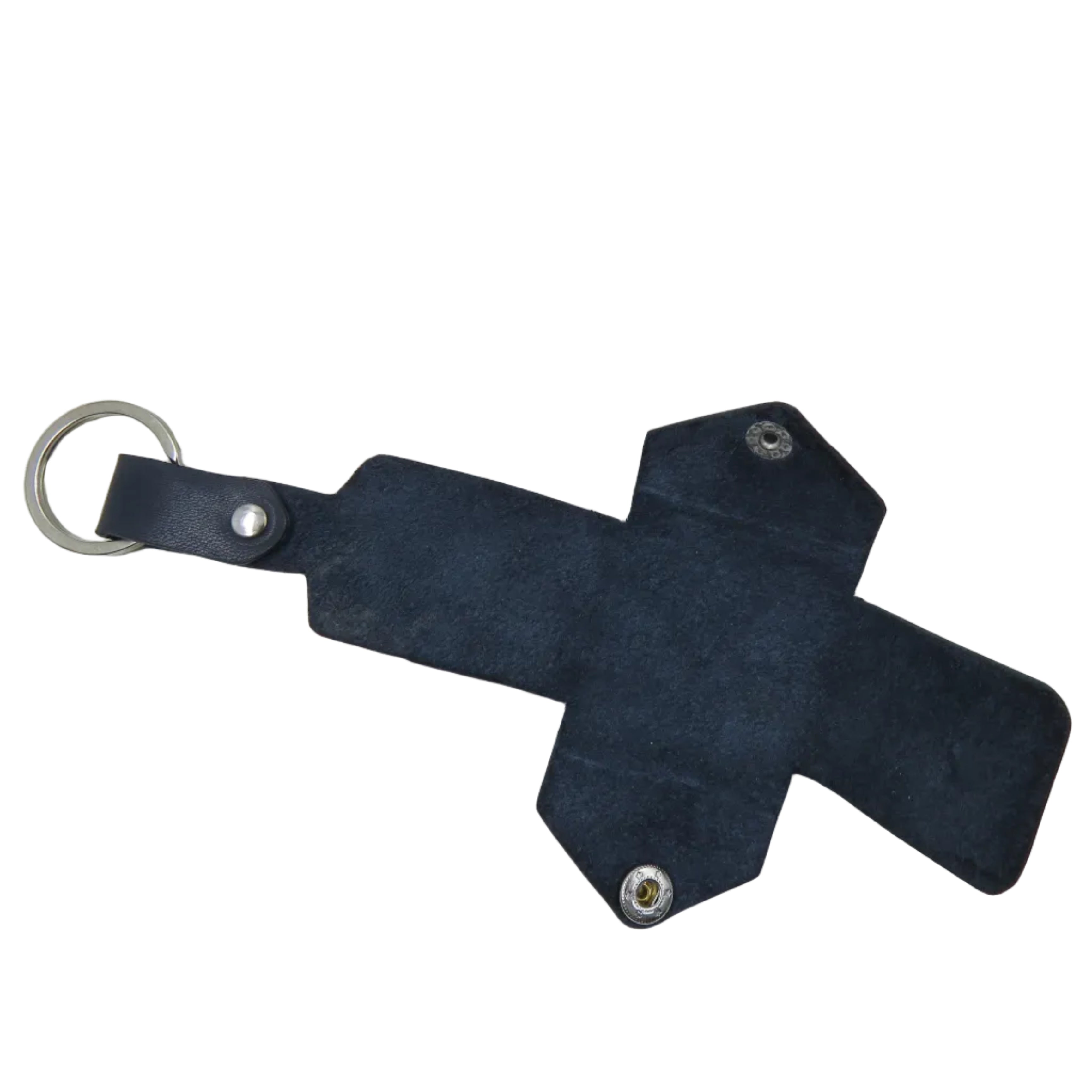 Black leather key fob with metal ring on a white background