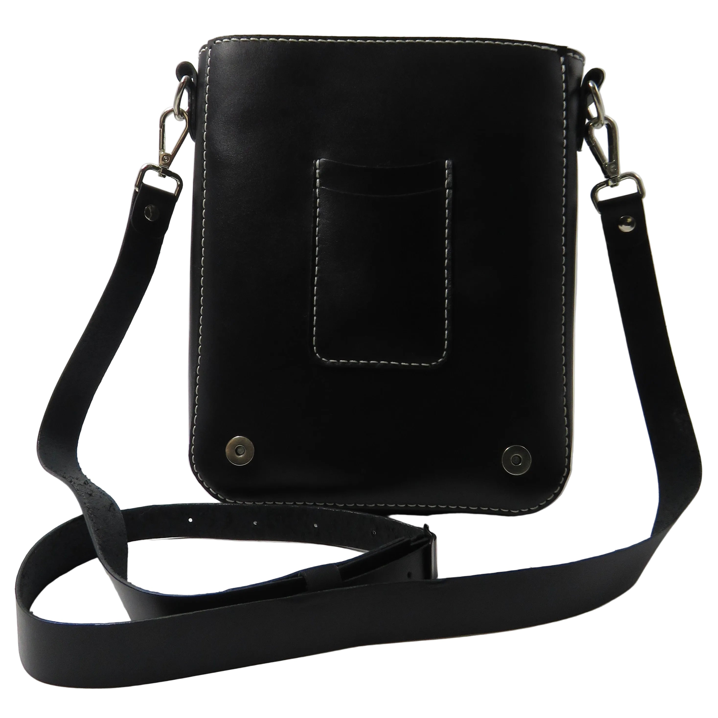 Black leather crossbody bag on a light gray background