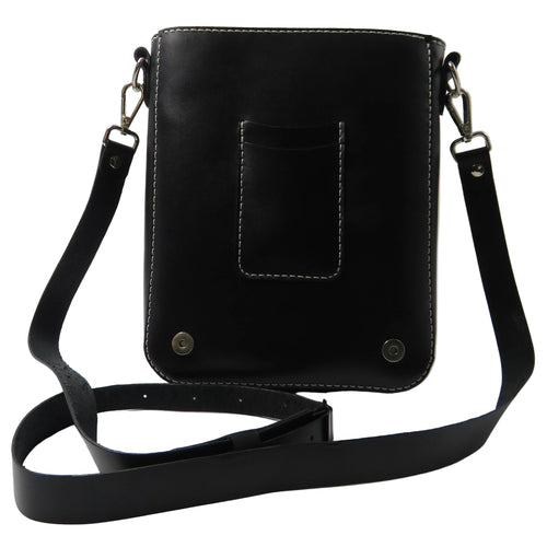 Black leather crossbody bag on a light gray background