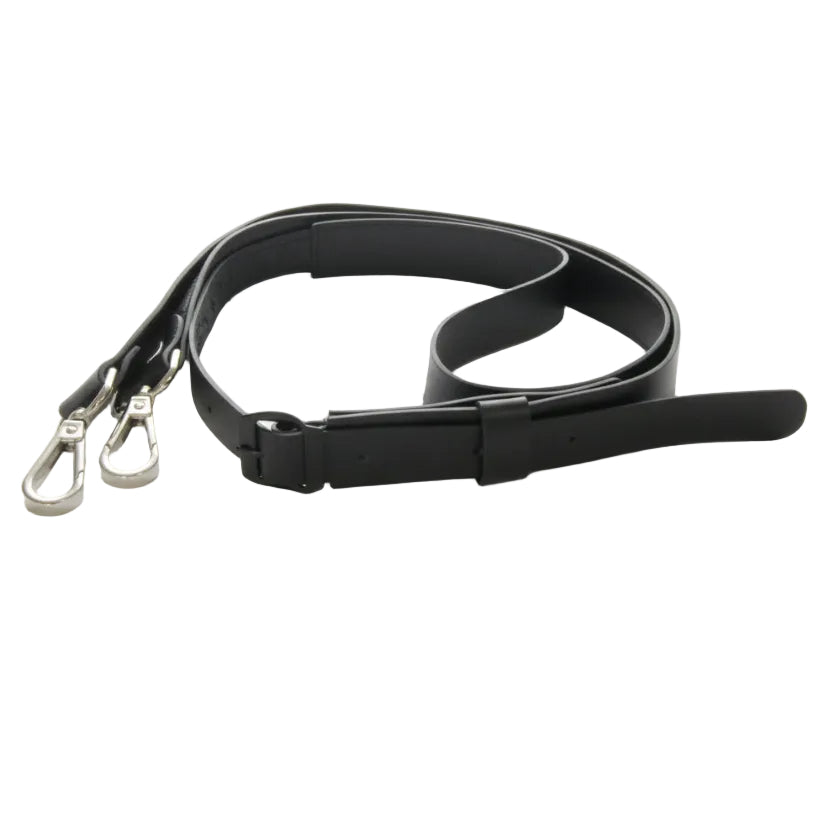 Black strap with metal hooks on a gray background