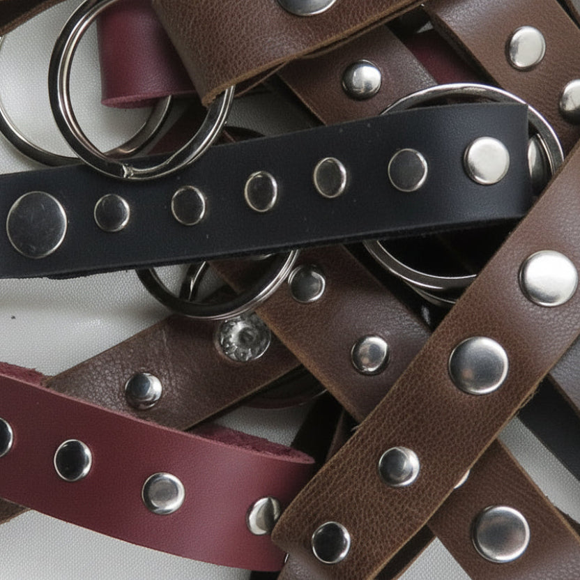 Collection of leather straps with studs and keychains on a white background