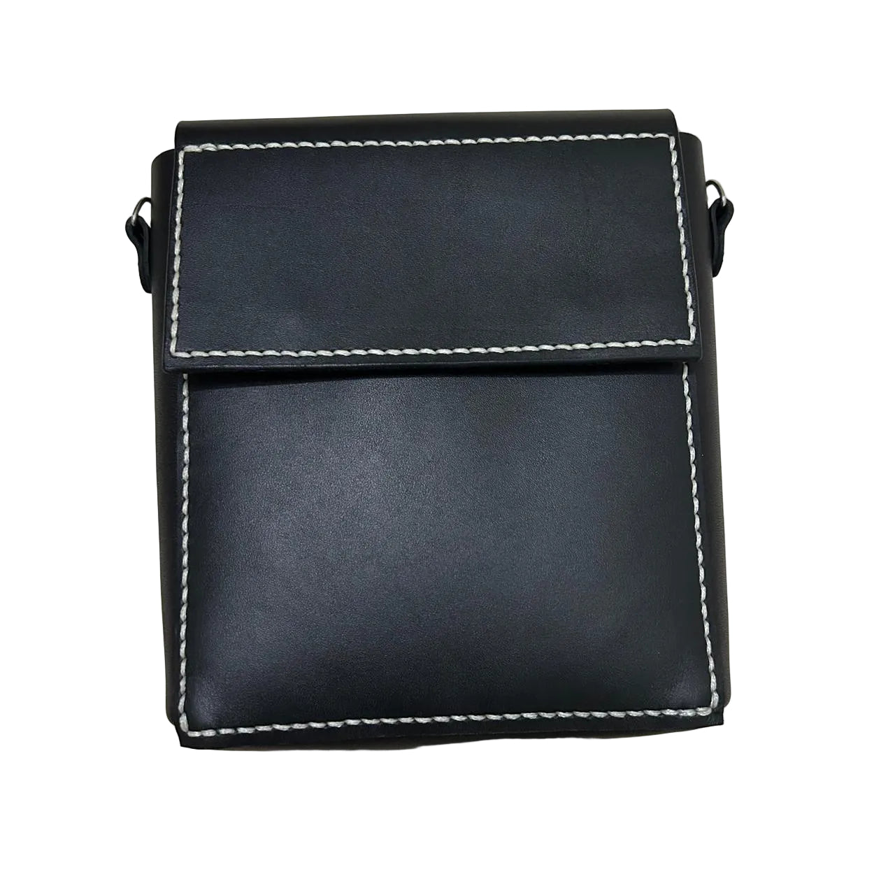 Black leather pouch with white stitching on a beige background